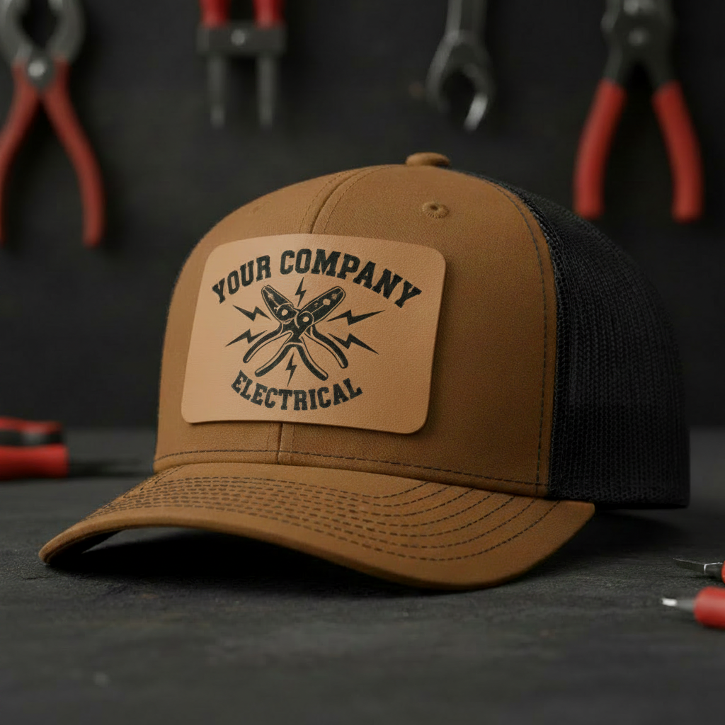 Autumn Brown and Black Richardson 112 trucker hat with buckskin leatherette patch featuring electrical trade design