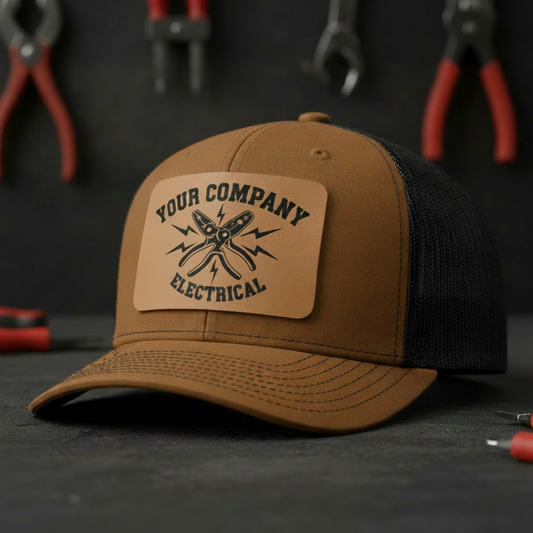 Autumn Brown and Black Richardson 112 trucker hat with buckskin leatherette patch featuring electrical trade design