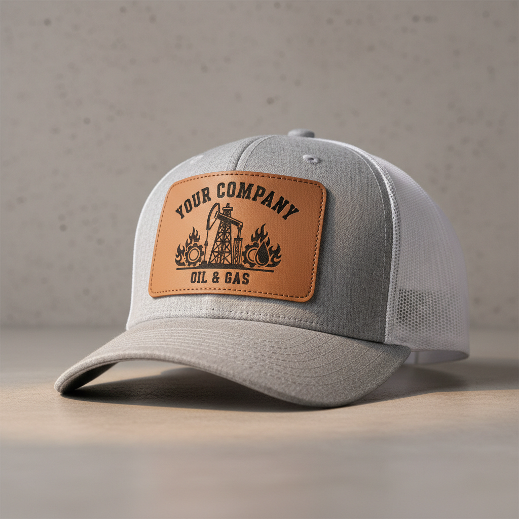 Heather Gray and White Richardson 112 trucker hat with saddle tan leatherette patch featuring oil and gas industry design