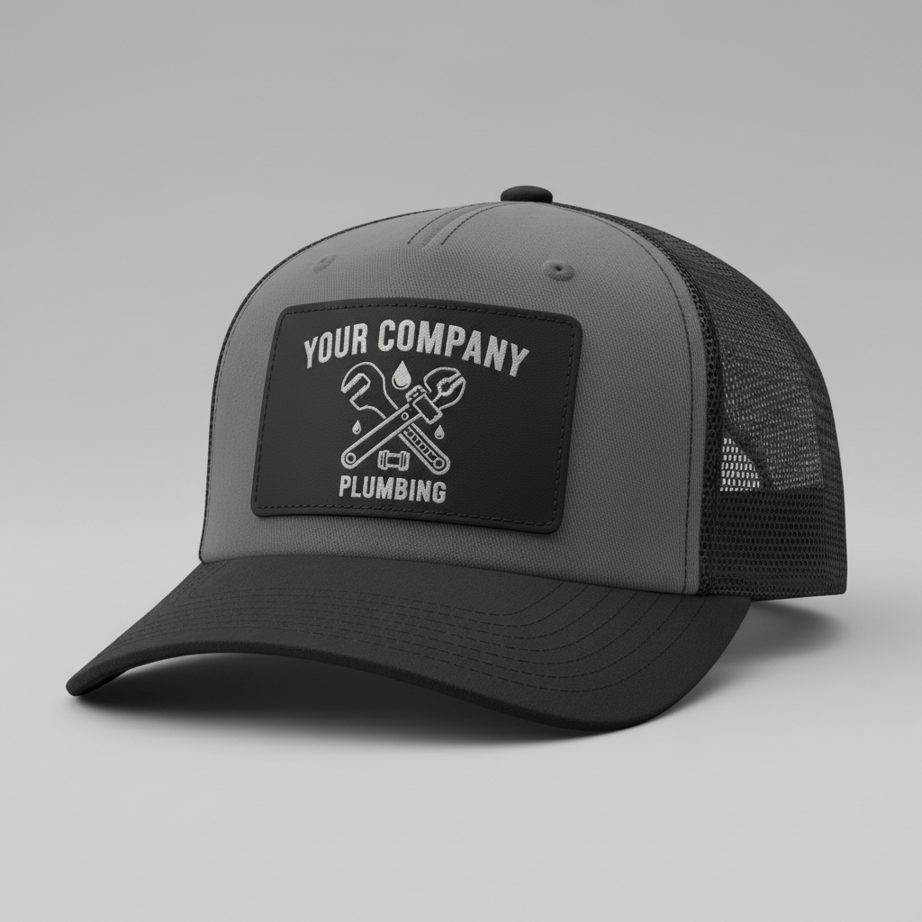 Charcoal and Black Richardson 112 trucker hat with black leatherette patch featuring plumbing trade design