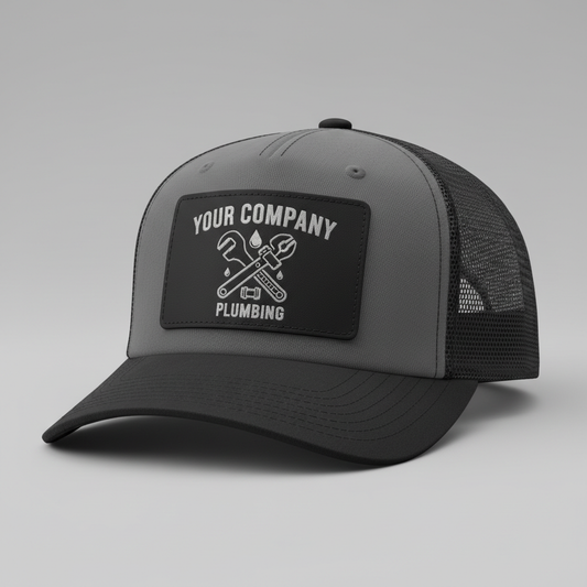 Charcoal and Black Richardson 112 trucker hat with black leatherette patch featuring plumbing trade design