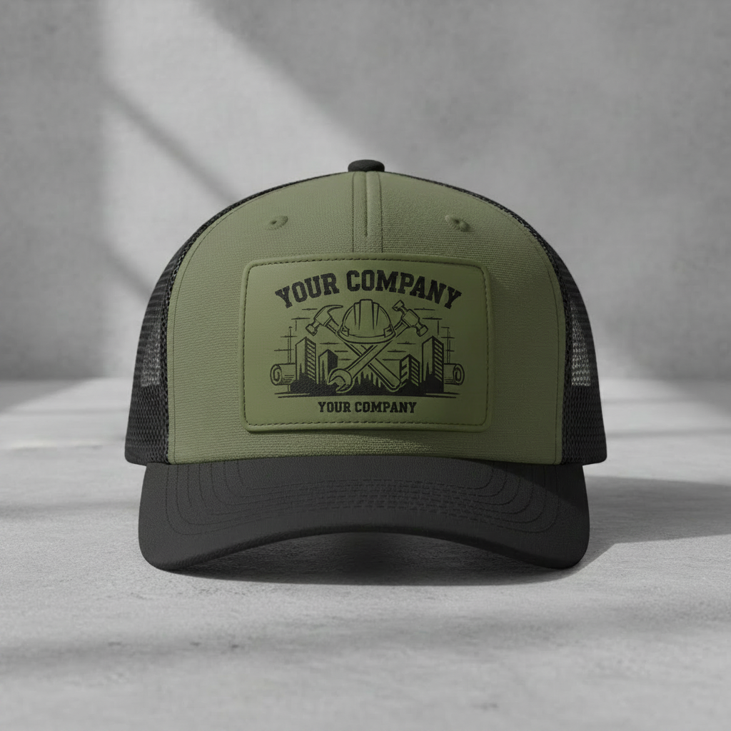 Loden and Black Richardson 112 trucker hat with olive green leatherette patch featuring construction trade design