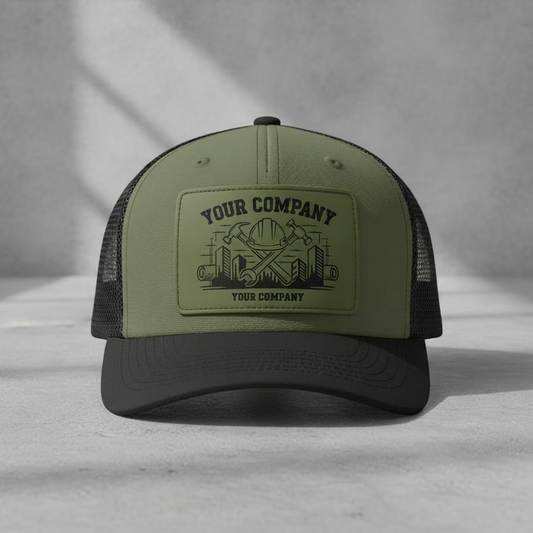 Loden and Black Richardson 112 trucker hat with olive green leatherette patch featuring construction trade design
