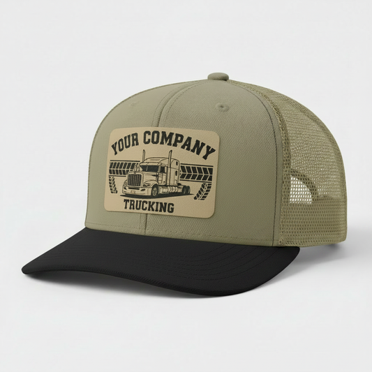 Khaki and Black bill Richardson 112 trucker hat with sand leatherette patch featuring trucking industry design
