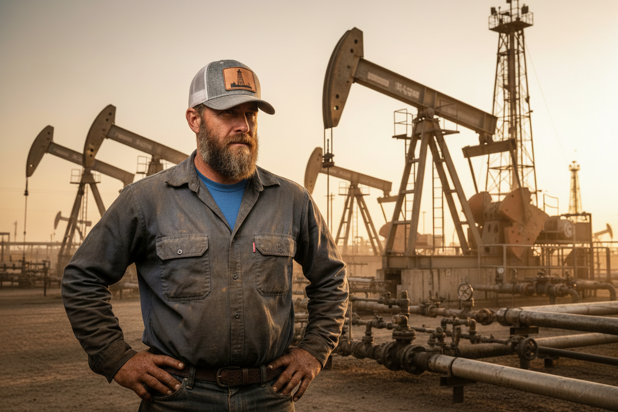 Man wearing heather gray Richardson 112 trucker hat with saddle tan leatherette patch at an oilfield with a single pump jack in the background