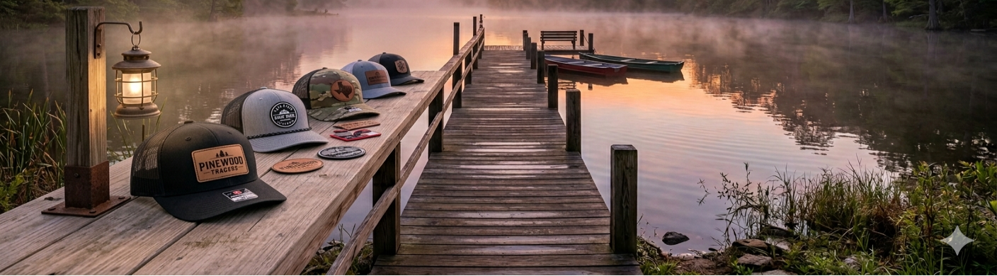 Wooden dock with hats on a misty lake at sunrise or sunset.